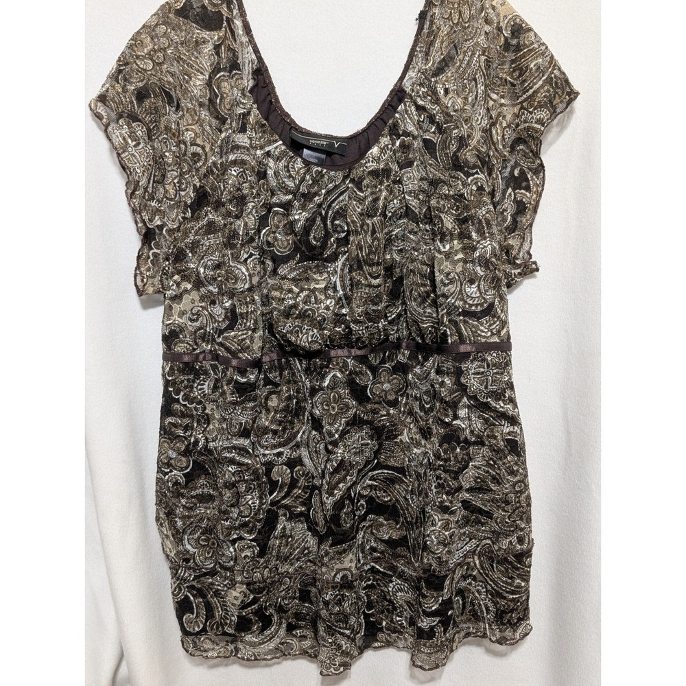 Venezia Womens Plus Size 26/28 Brown Paisley Lace Mesh Blouse Short Sleeve Top